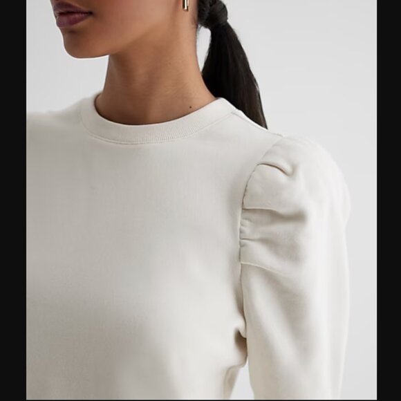 Express X-Small White Crew Neck Short Puff Sleeve Fleece Sweatshirt - Picture 3 of 5